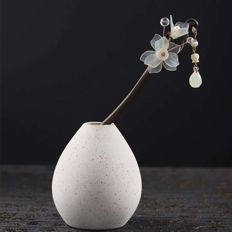 Buddha Stones Ebony Jade Shell Magnolia Tassel Blessing Hairpin