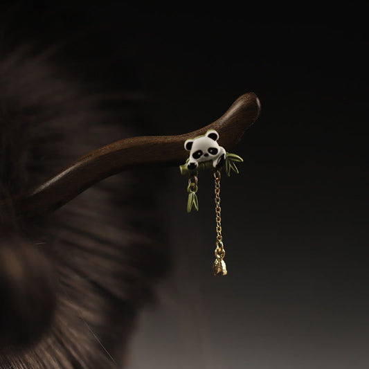 Buddha Stones Ebony Panda Bamboo Tassel Courage Hairpin