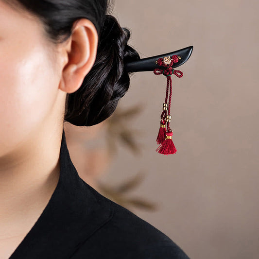 Buddha Stones Ebony Red String Chinese Knot Tassel Protection Hairpin