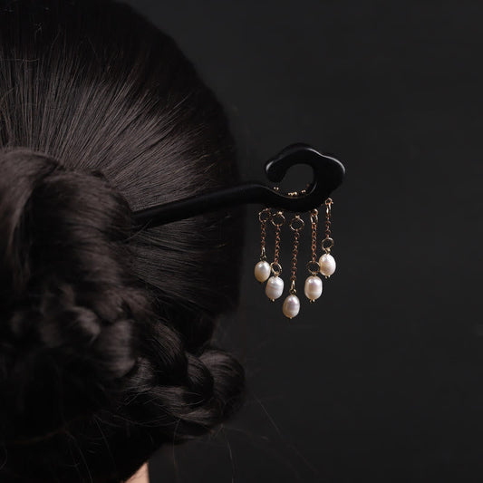 Buddha Stones Ebony Auspicious Cloud Pearl Tassel Protection Hairpin