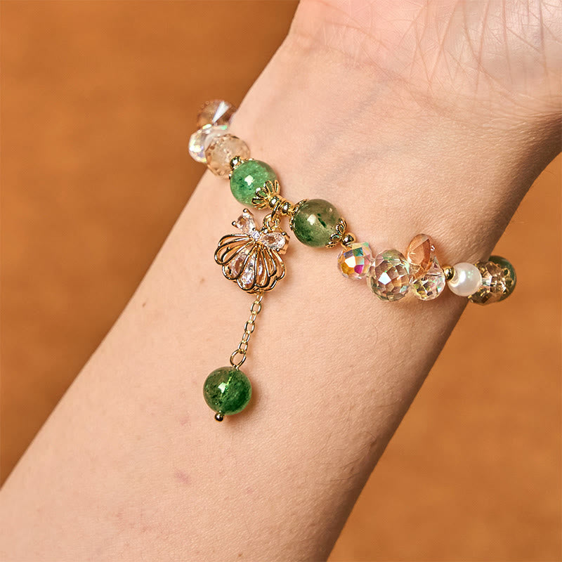 Buddha Stones Natural Strawberry Quartz Pearl Shell Positive Bracelet