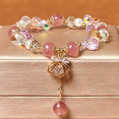 Buddha Stones Natural Strawberry Quartz Pearl Shell Positive Bracelet