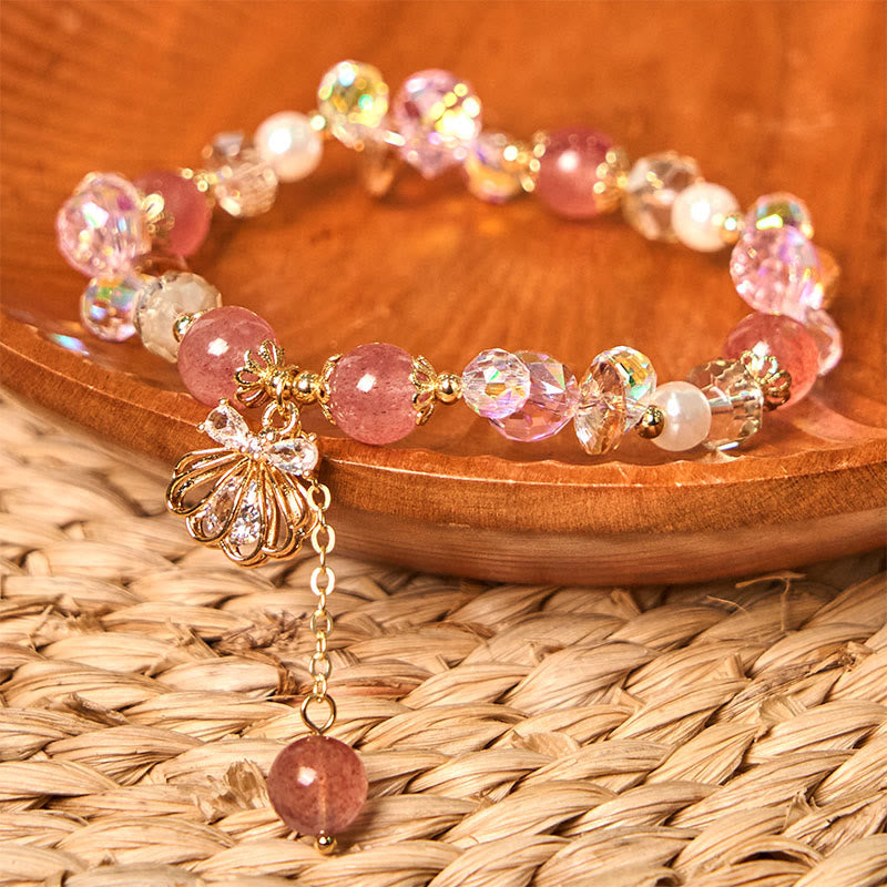 Buddha Stones Natural Strawberry Quartz Pearl Shell Positive Bracelet