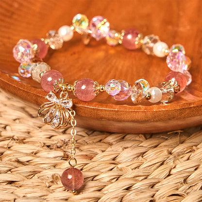 Buddha Stones Natural Strawberry Quartz Pearl Shell Positive Bracelet