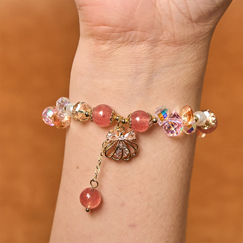 Buddha Stones Natural Strawberry Quartz Pearl Shell Positive Bracelet