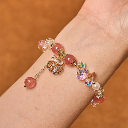 Buddha Stones Natural Strawberry Quartz Pearl Shell Positive Bracelet