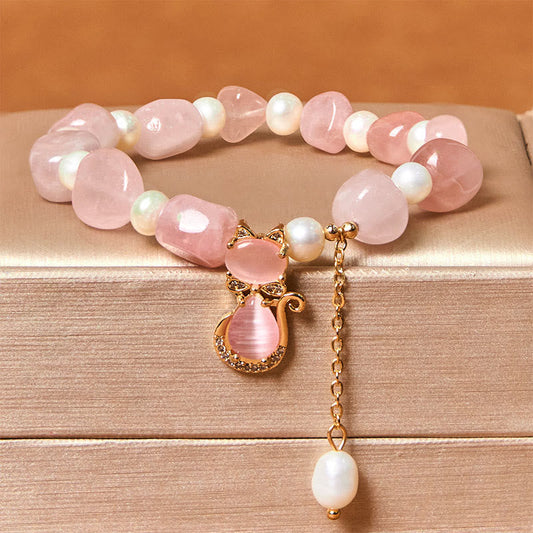 Buddha Stones Natural Strawberry Quartz Pearl Cat Positive Bracelet