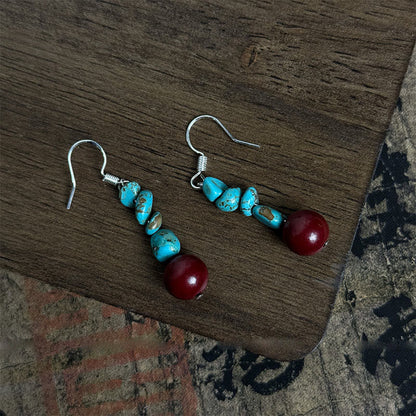 Buddha Stones Tibetan 925 Sterling Silver Turquoise Cinnabar beads Protection Earrings
