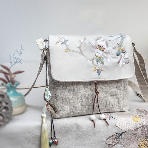 Buddha Stones Handmade Magnolia Embroidered Large Capacity Polyester Canvas Backpack