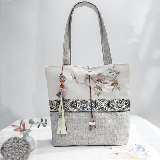 Buddha Stones Magnolia Embroidery Canvas Polyester Shoulder Bag