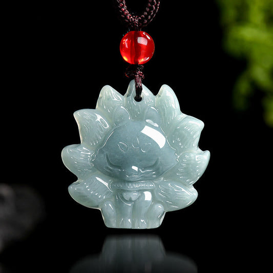Buddha Stones Natural Green Jade Nine Tailed Fox Abundance Necklace Pendant