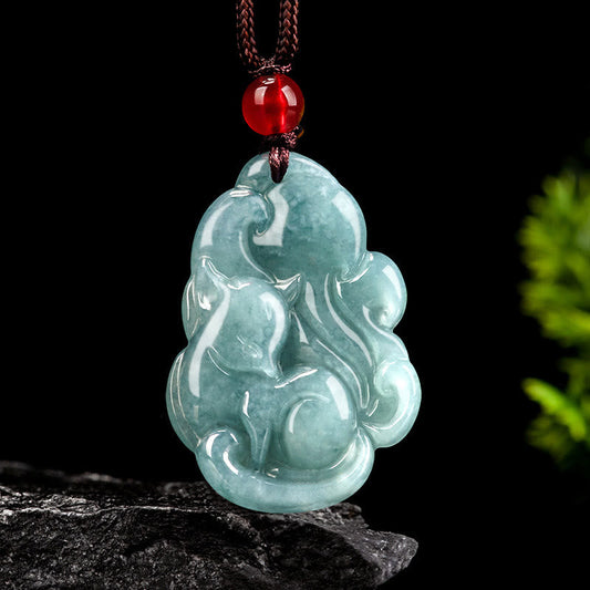 Buddha Stones Natural Green Jade Nine Tailed Fox Fairy Prosperity Necklace Pendant