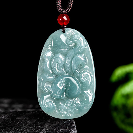 Buddha Stones Natural Green Jade Nine Tailed Fox Flowers Luck Necklace Pendant