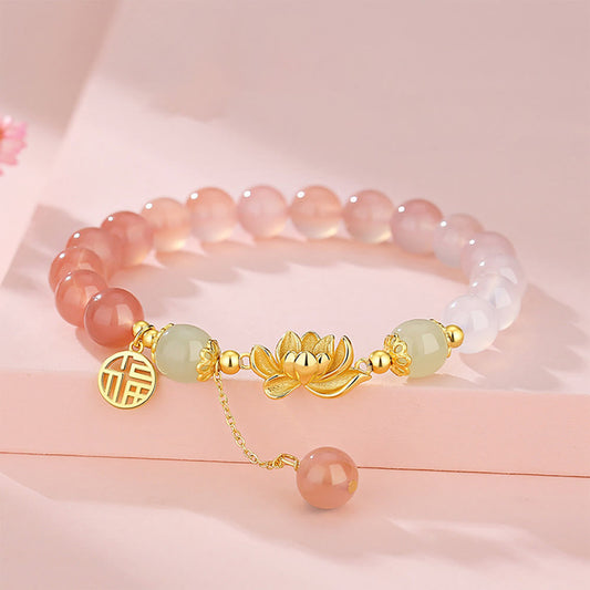 Buddha Stones 925 Sterling Silver Natural Gradient Agate Hetian Jade Lotus Fu Character Enlightenment Bracelet