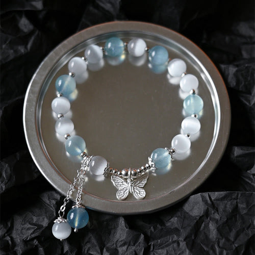 Buddha Stones Cat's Eye Aquamarine Butterfly Charm Support Bracelet
