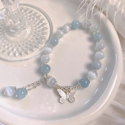 Buddha Stones Cat's Eye Aquamarine Butterfly Charm Support Bracelet