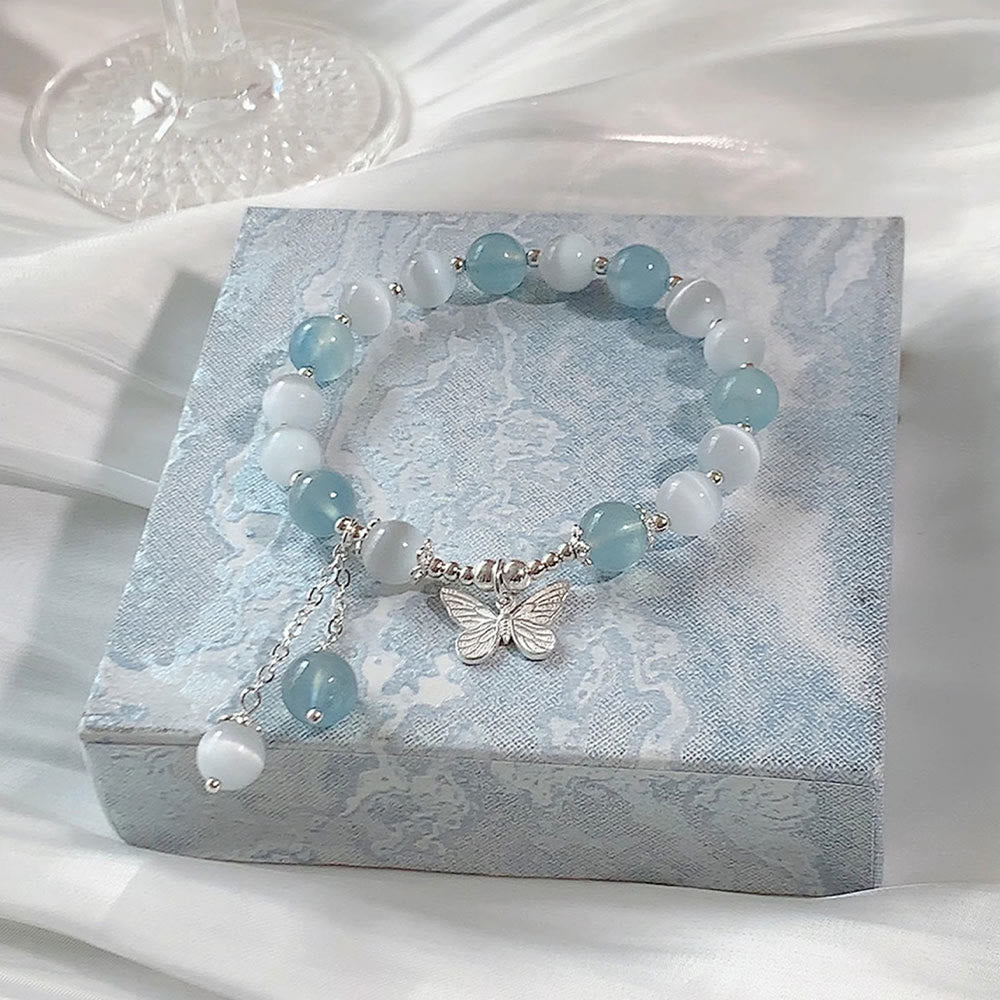 Buddha Stones Cat's Eye Aquamarine Butterfly Charm Support Bracelet