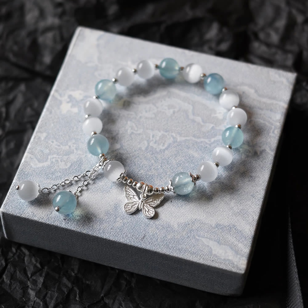 Buddha Stones Cat's Eye Aquamarine Butterfly Charm Support Bracelet