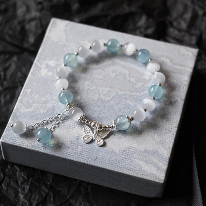 Buddha Stones Cat's Eye Aquamarine Butterfly Charm Support Bracelet