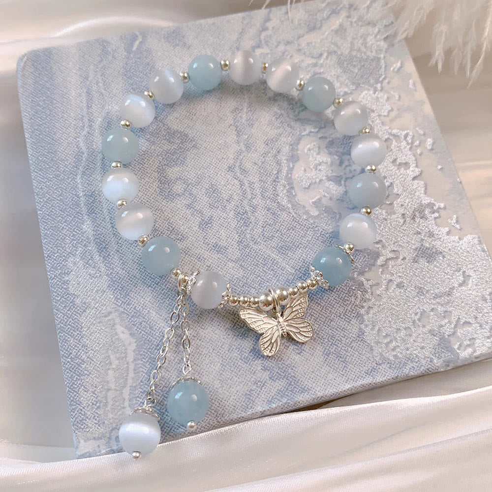 Buddha Stones Cat's Eye Aquamarine Butterfly Charm Support Bracelet