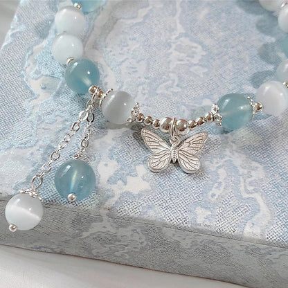 Buddha Stones Cat's Eye Aquamarine Butterfly Charm Support Bracelet