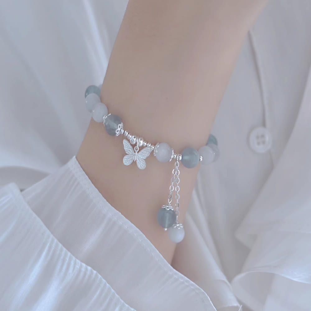 Buddha Stones Cat's Eye Aquamarine Butterfly Charm Support Bracelet