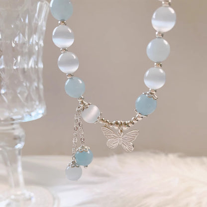 Buddha Stones Cat's Eye Aquamarine Butterfly Charm Support Bracelet