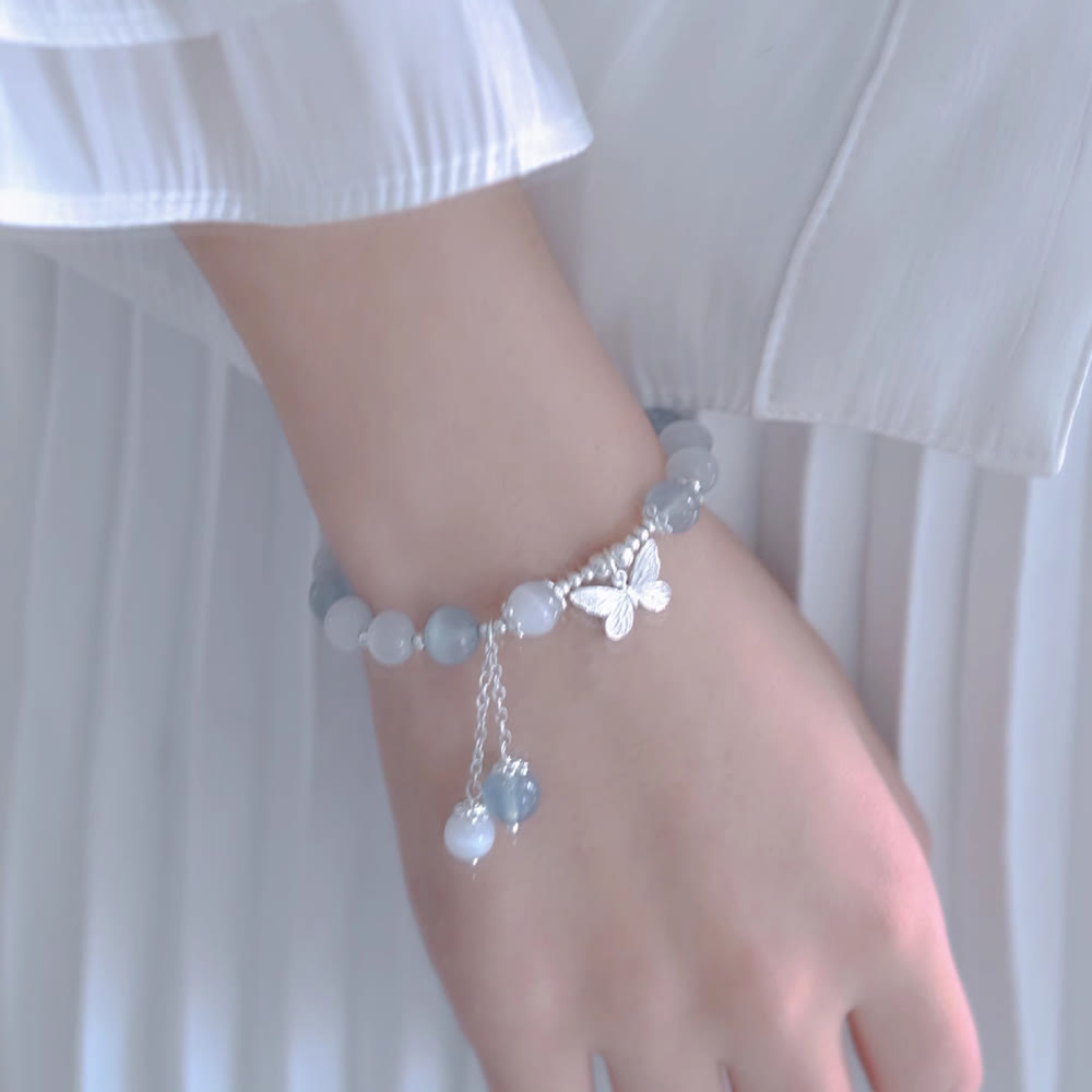 Buddha Stones Cat's Eye Aquamarine Butterfly Charm Support Bracelet