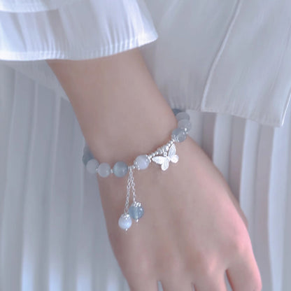 Buddha Stones Cat's Eye Aquamarine Butterfly Charm Support Bracelet