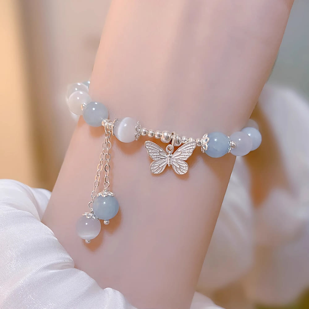 Buddha Stones Cat's Eye Aquamarine Butterfly Charm Support Bracelet