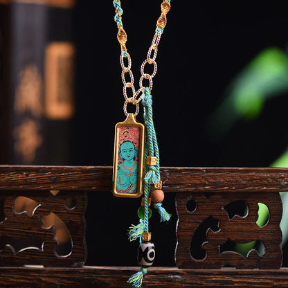 Buddha Stones Tibet God Of Wealth Titanium Steel Thangka Wealth Necklace Pendant