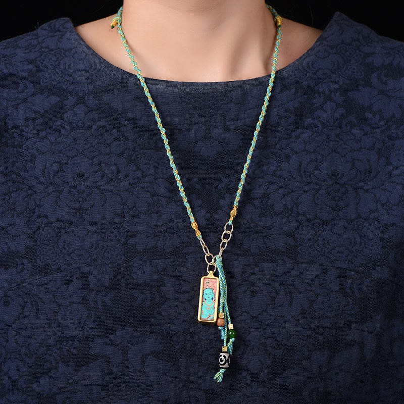 Buddha Stones Tibet God Of Wealth Titanium Steel Thangka Wealth Necklace Pendant