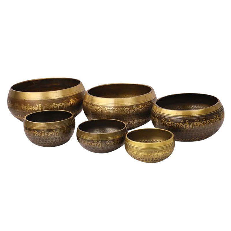 Buddha Stones Handcrafted Singing Bowl Scripture Pattern for Healing and Meditation Sound Bowl Set