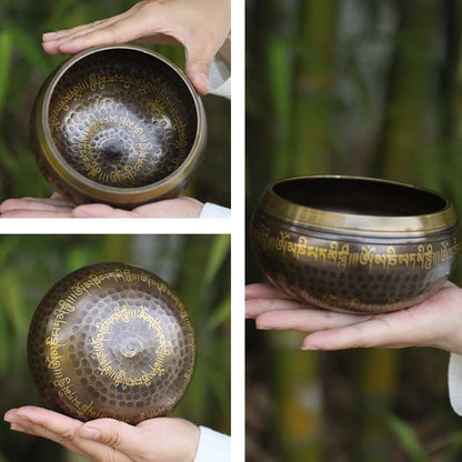 Buddha Stones Handcrafted Singing Bowl Scripture Pattern for Healing and Meditation Sound Bowl Set