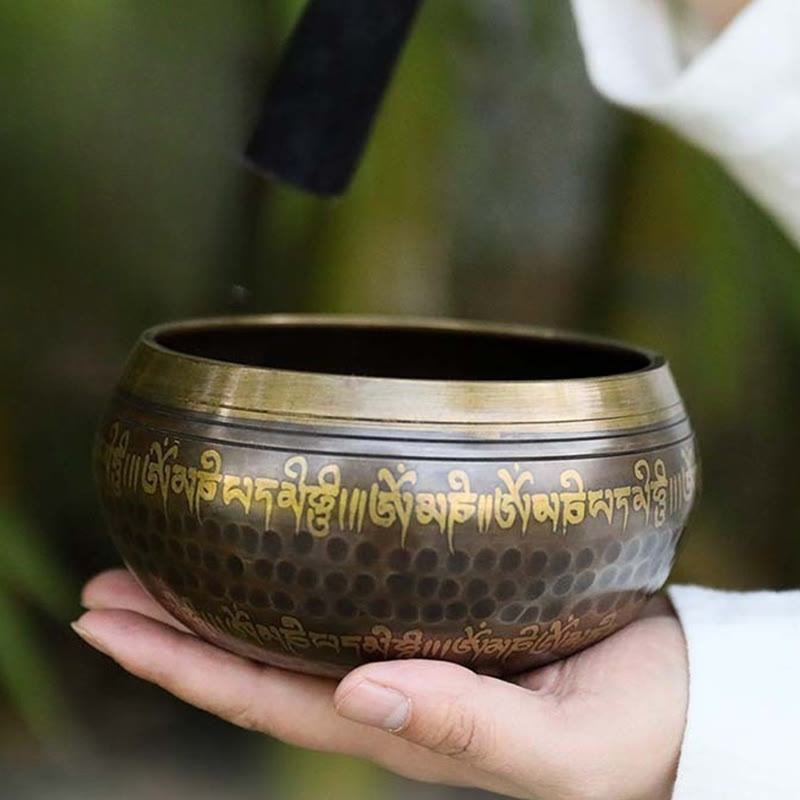 Buddha Stones Handcrafted Singing Bowl Scripture Pattern for Healing and Meditation Sound Bowl Set