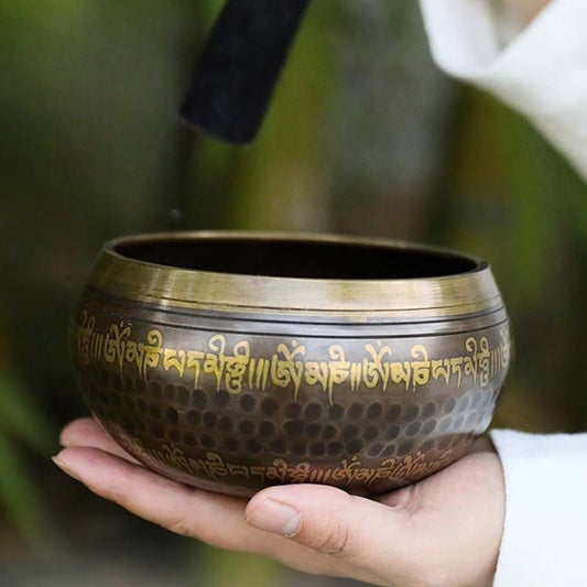Buddha Stones Handcrafted Singing Bowl Scripture Pattern for Healing and Meditation Sound Bowl Set