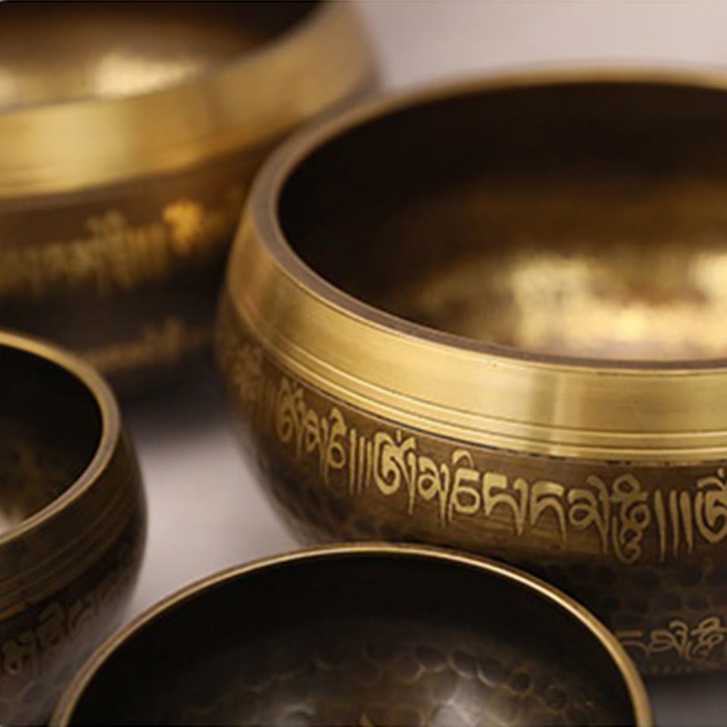 Buddha Stones Handcrafted Singing Bowl Scripture Pattern for Healing and Meditation Sound Bowl Set