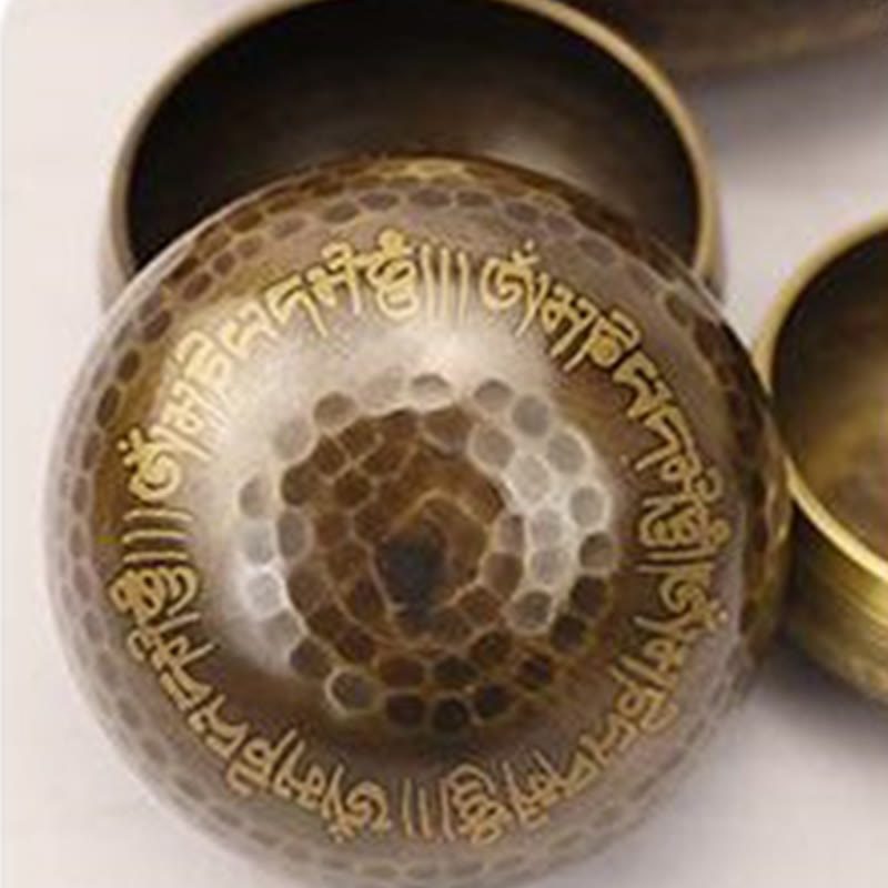 Buddha Stones Handcrafted Singing Bowl Scripture Pattern for Healing and Meditation Sound Bowl Set