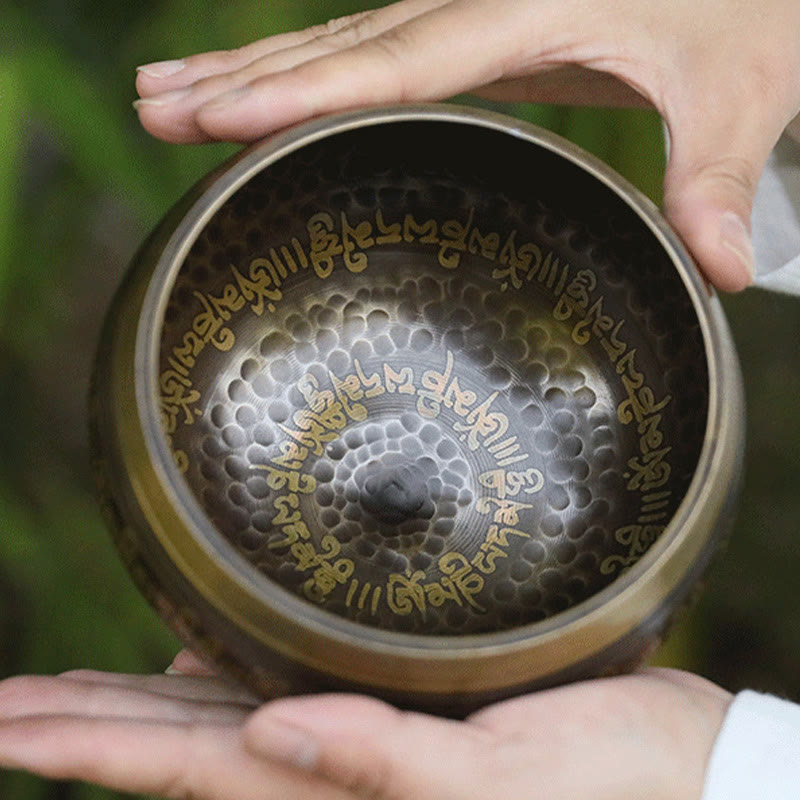 Buddha Stones Handcrafted Singing Bowl Scripture Pattern for Healing and Meditation Sound Bowl Set