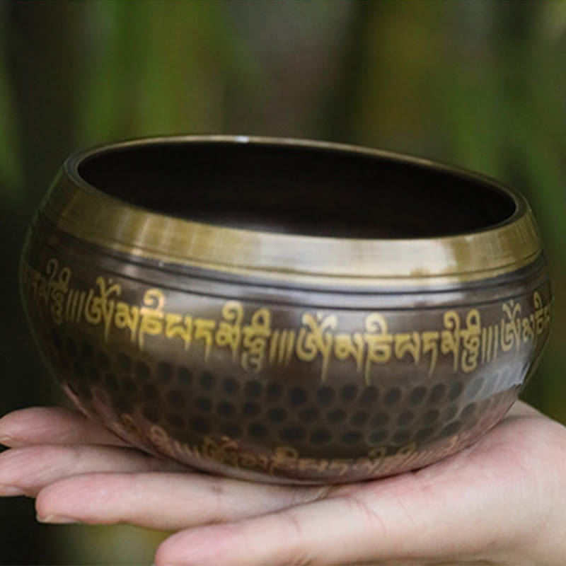 Buddha Stones Handcrafted Singing Bowl Scripture Pattern for Healing and Meditation Sound Bowl Set