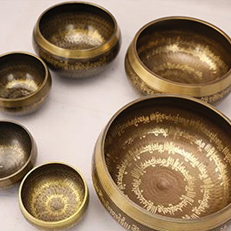 Buddha Stones Handcrafted Singing Bowl Scripture Pattern for Healing and Meditation Sound Bowl Set