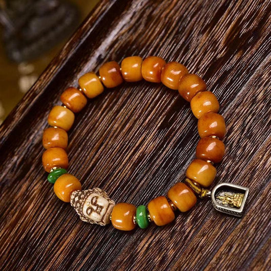 Buddha Stones Natural Tibetan Camel Bone Barrel Beads Buddha Head Luck Protection Bracelet