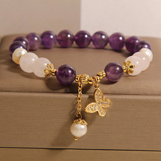 Buddha Stones Natural Amethyst Pearl Crystal Spiritual Healing Butterfly Charm Bracelet