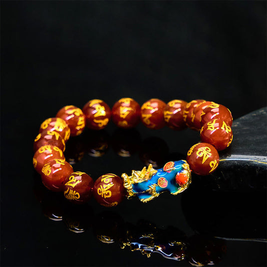 Buddha Stones Red Agate Color Change PiXiu Om Mani Padme Hum Calm Bracelet
