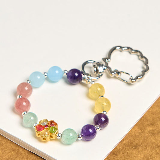 Buddha Stones Natural Strawberry Quartz Amethyst Citrine Aquamarine Flower Key Chain Hanging Decoration