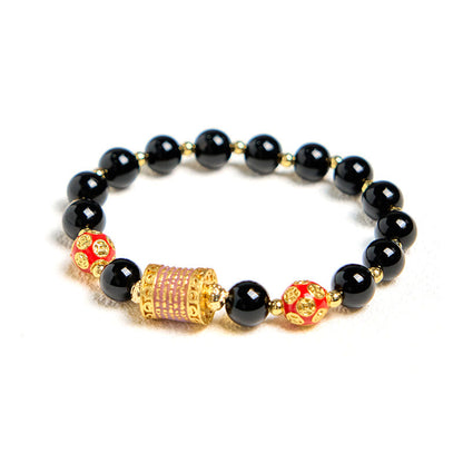Buddha Stones Natural Black Onyx Five Scripture Copper Coins Fortune Bracelet