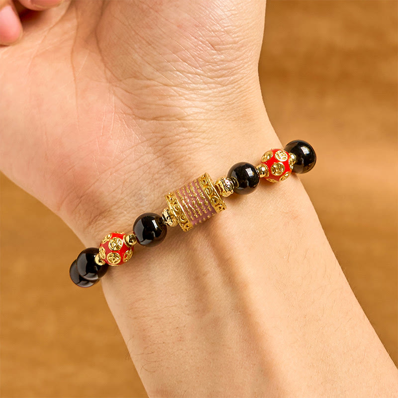 Buddha Stones Natural Black Onyx Five Scripture Copper Coins Fortune Bracelet