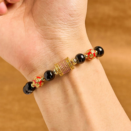 Buddha Stones Natural Black Onyx Five Scripture Copper Coins Fortune Bracelet