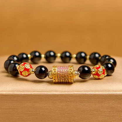 Buddha Stones Natural Black Onyx Five Scripture Copper Coins Fortune Bracelet