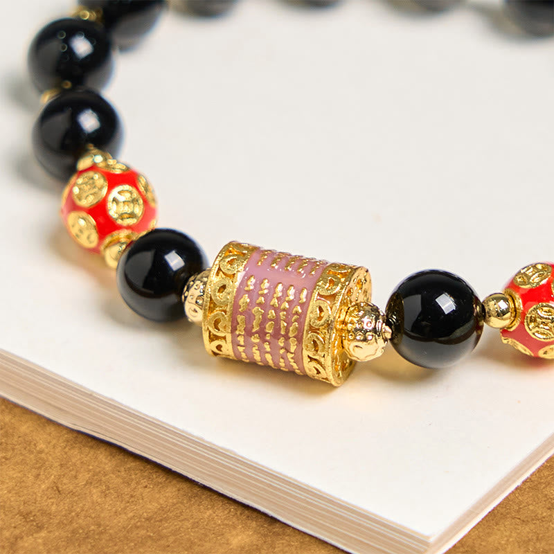 Buddha Stones Natural Black Onyx Five Scripture Copper Coins Fortune Bracelet